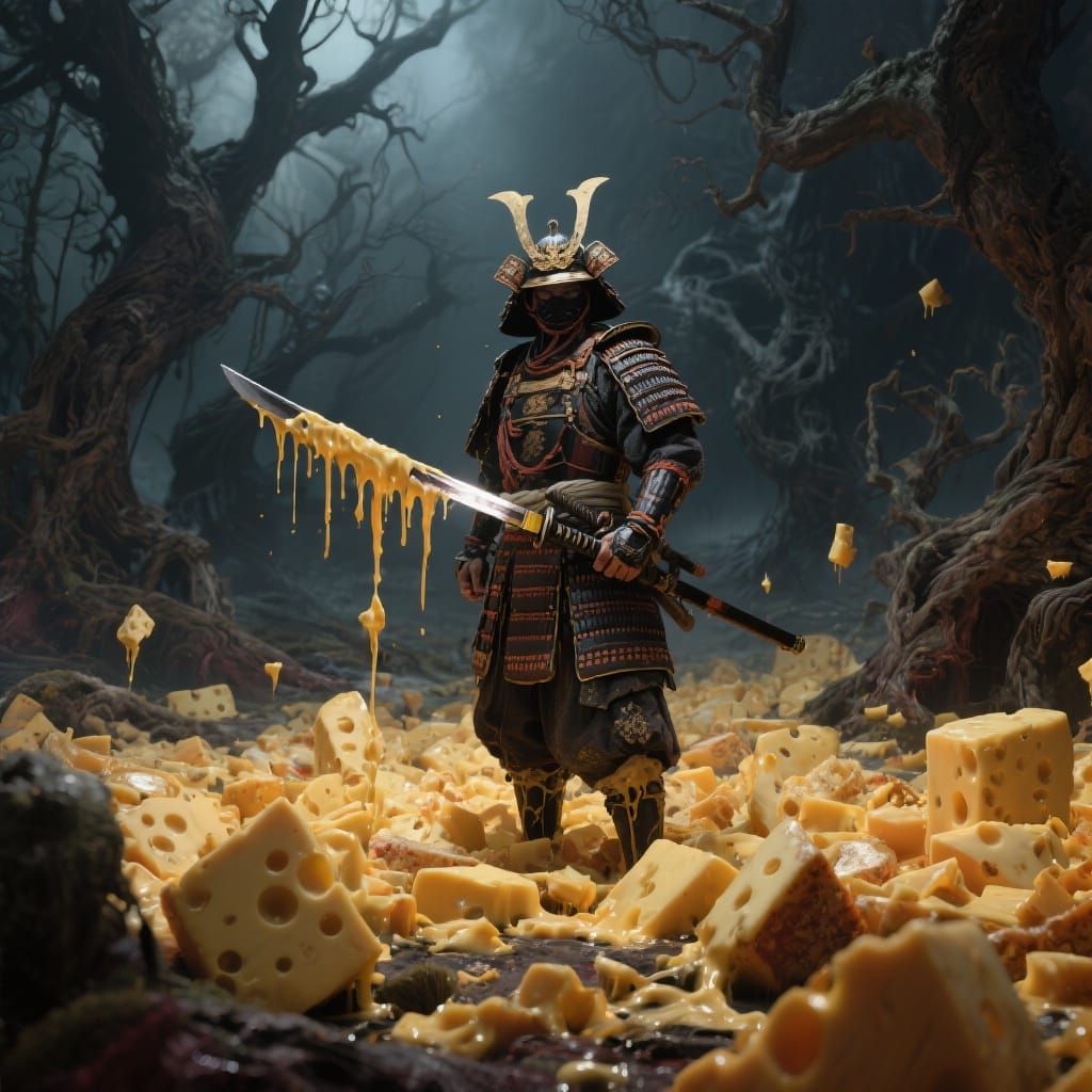 Samurai Warrior in a Cheese Nightmare, Cinematic HDR Photo