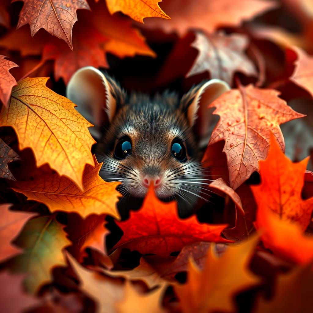 Cute Mouse Peeking From Autumn Leaves
