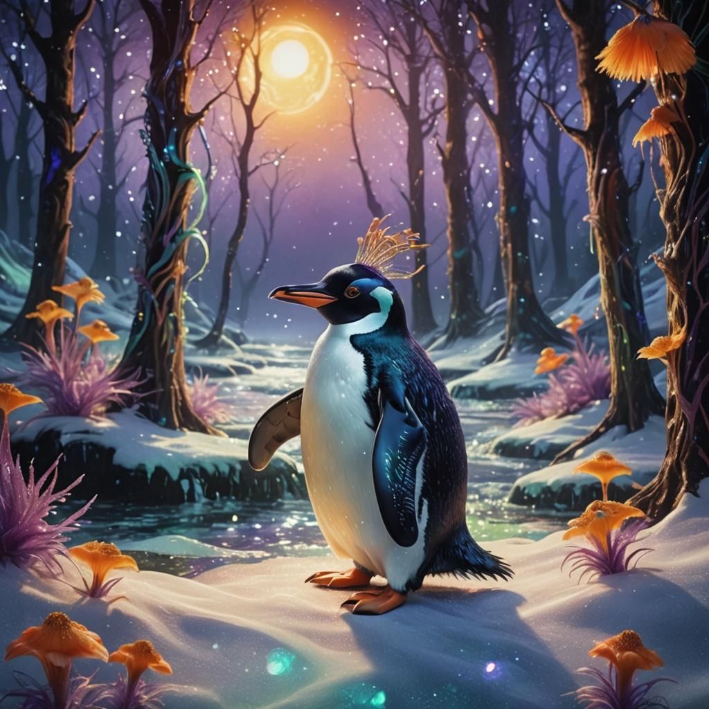 Evolving Penguin Portrait with Iridescent Feathers