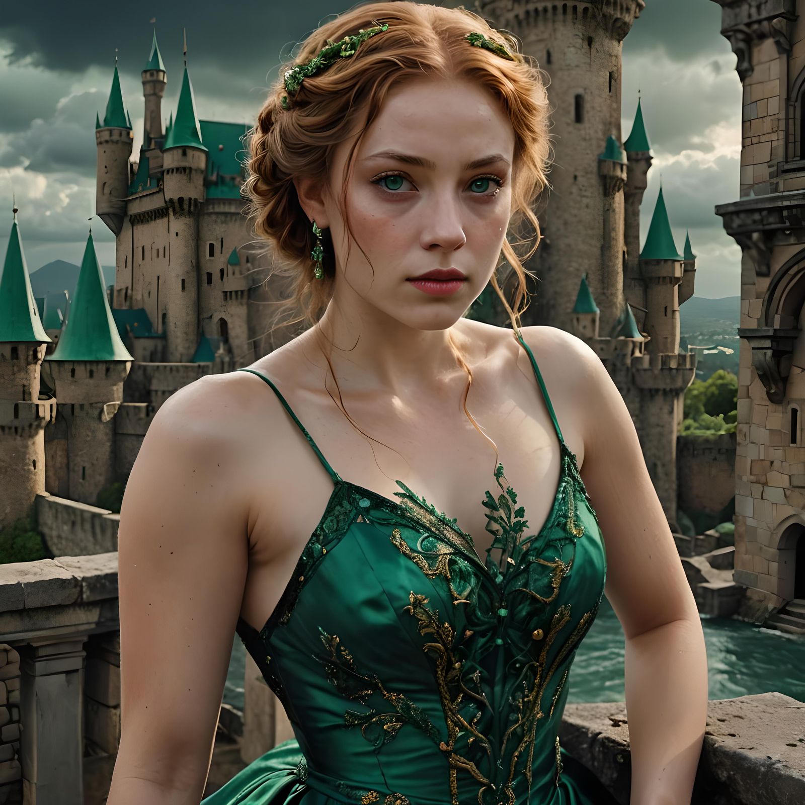 Emerald-Eyed Woman in Gown Against Stormy Sky