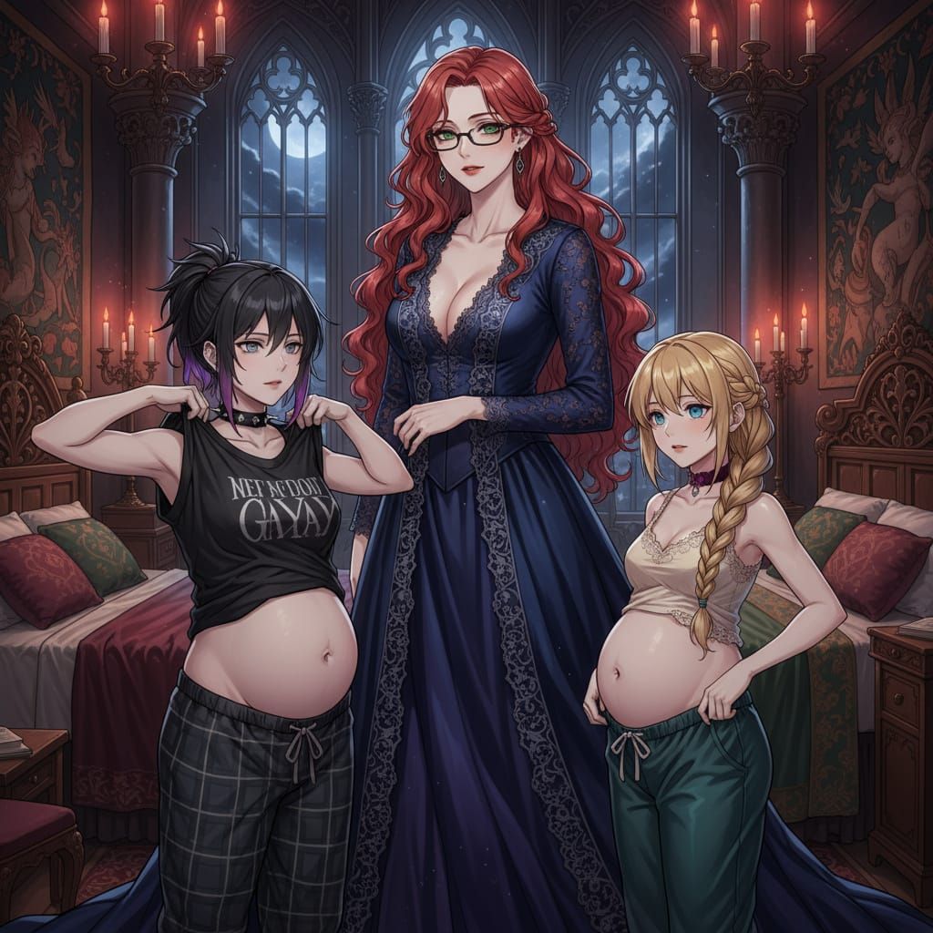 Elegant Gothic Anime Scene with Pregnant Wives