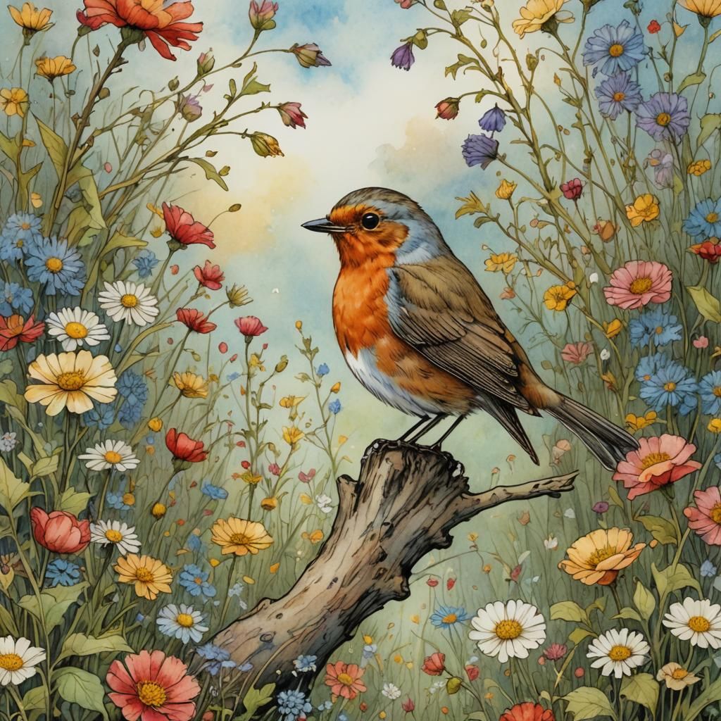 Robin and Teddy Bear in Watercolor Meadow