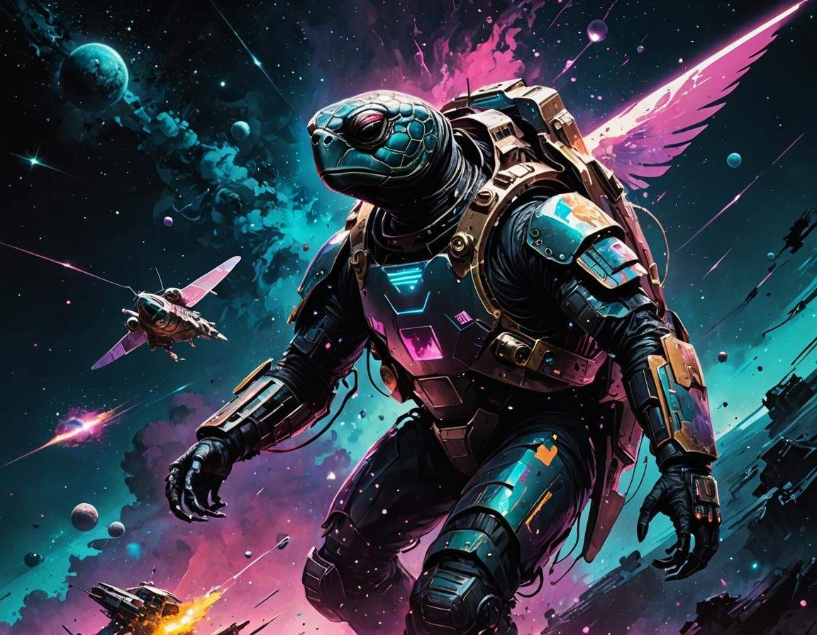 Synthwave Turtle Flies Through Space