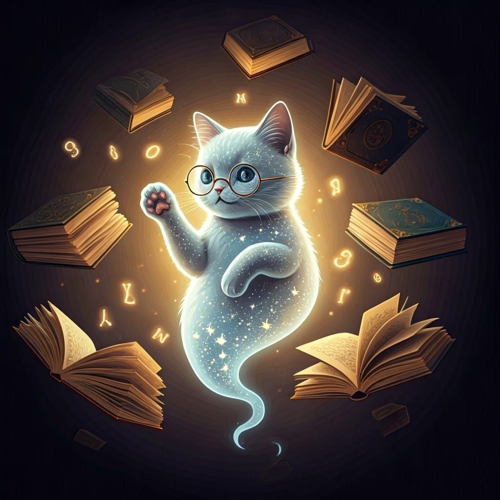Ethereal Ghost Cat in Mystical Library