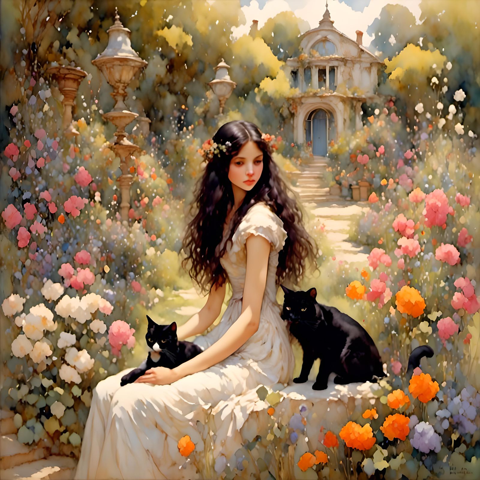 <lora:EnigmaticGarden3:1.0> black haired girl with beautiful...