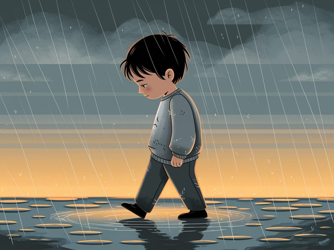 A Young Boy's Solitary Walk Under a Moody Rainy Sky