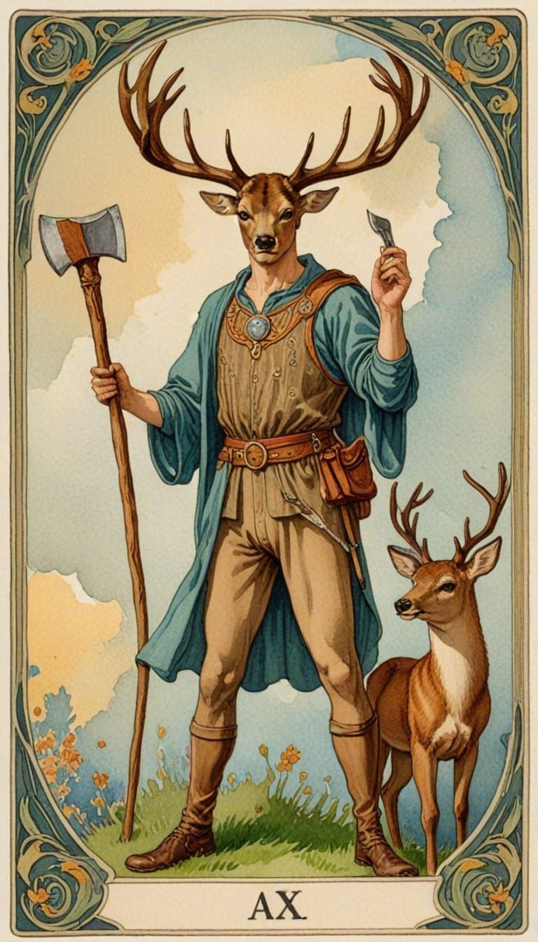 Art Nouveau Watercolour Tarot Card: Mysterious Hunter