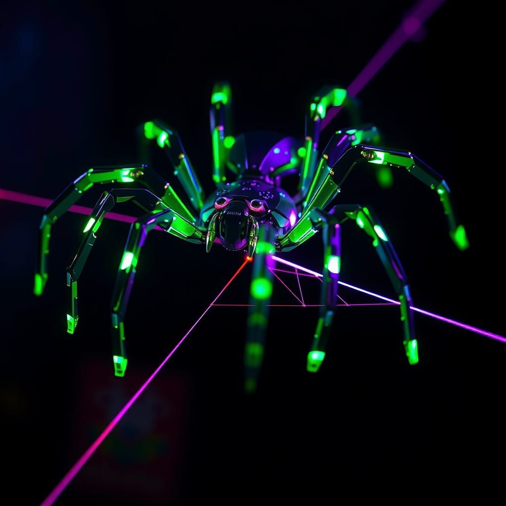 Neon Mechanized Spider Climbing Glowing Thread