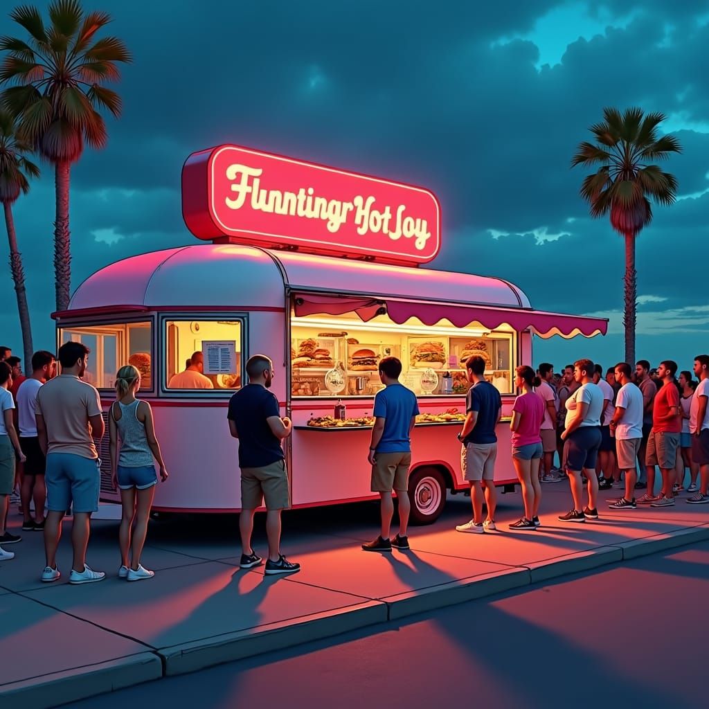 Nostalgic Hamburger Trailer Scene at Sunset, Modern Art