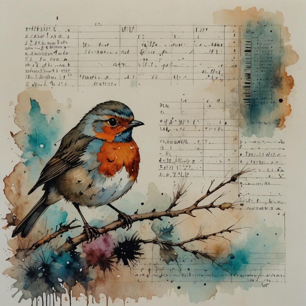 Robin on Vintage Ledger Page with Watercolor Wash