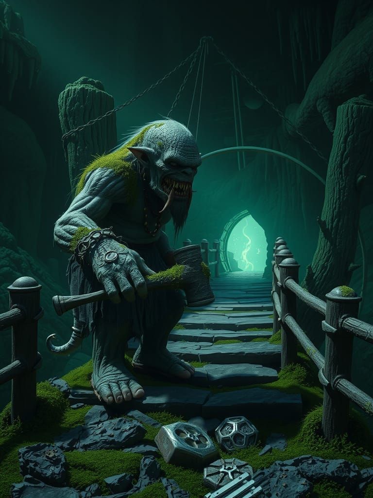Grotesque Moss Troll Guards Glowing Cavern Bridge