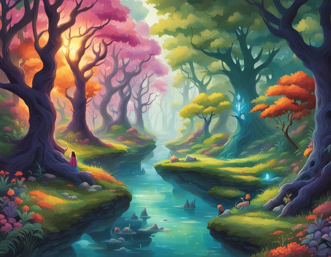 Druid's Hidden Grove: Mystical Creatures in Lush Landscape