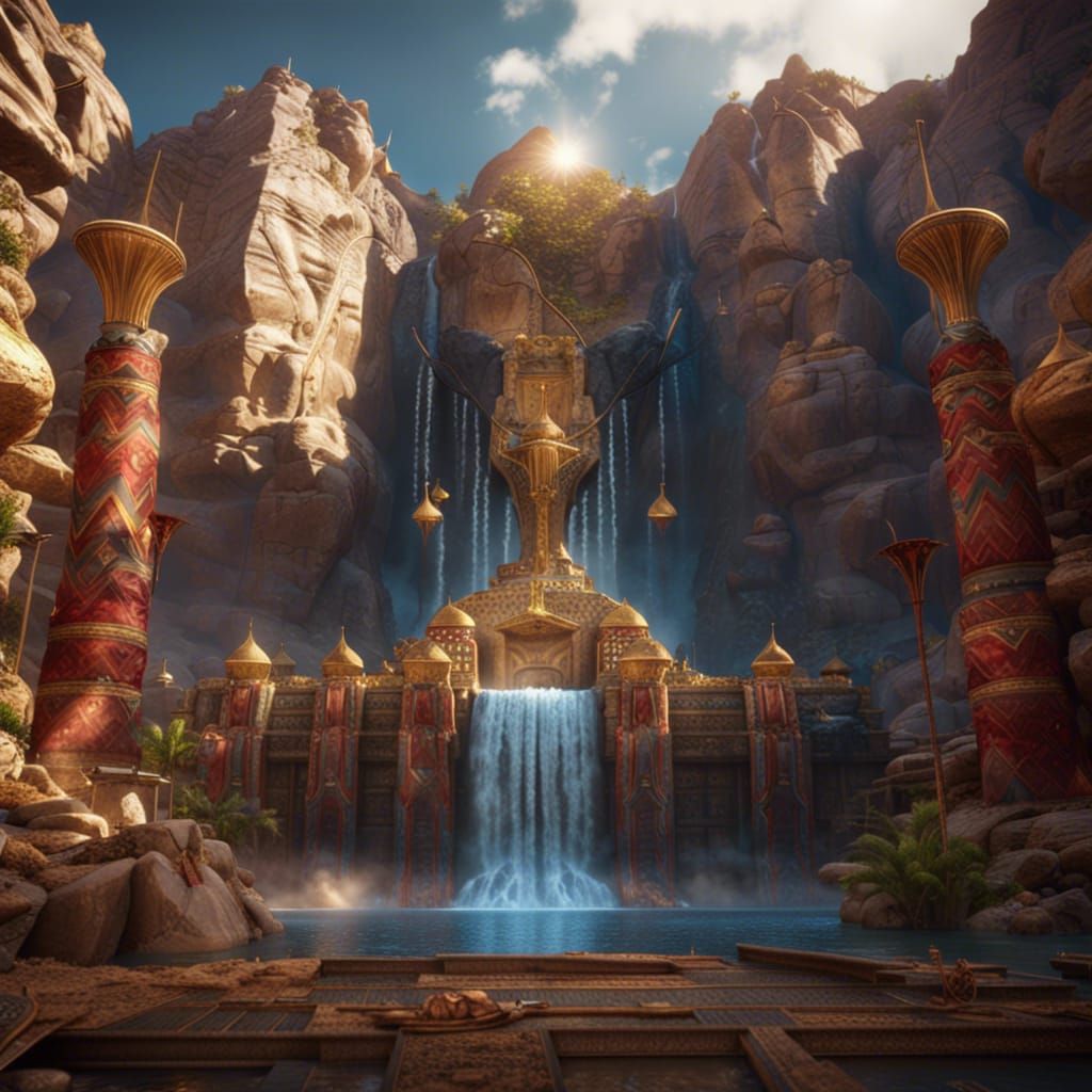 Golden Waterfall in Scarlet Sky: Fantasy Landscape