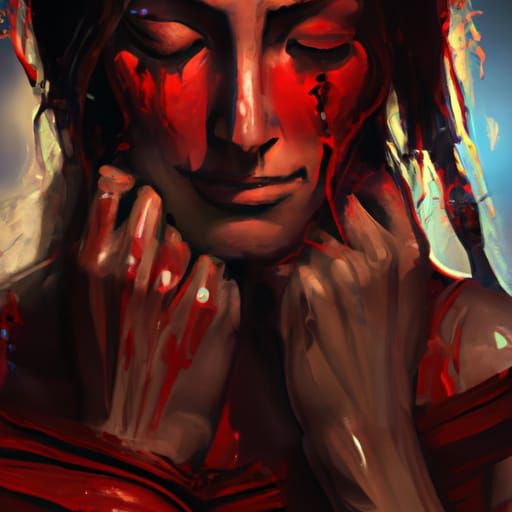 Dramatic Portrait of Crying Person with Red Handprints