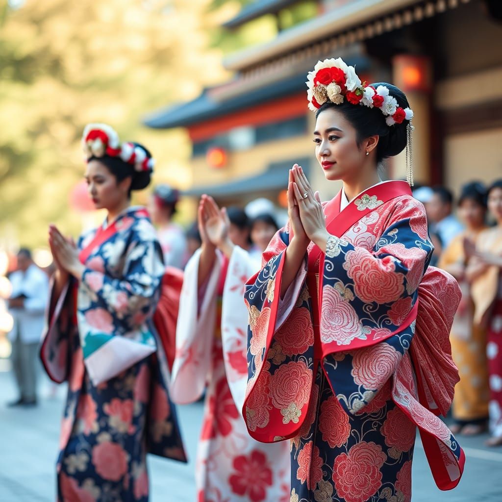 Japanese Dancers Celebrate Obon Festival in Kimonos