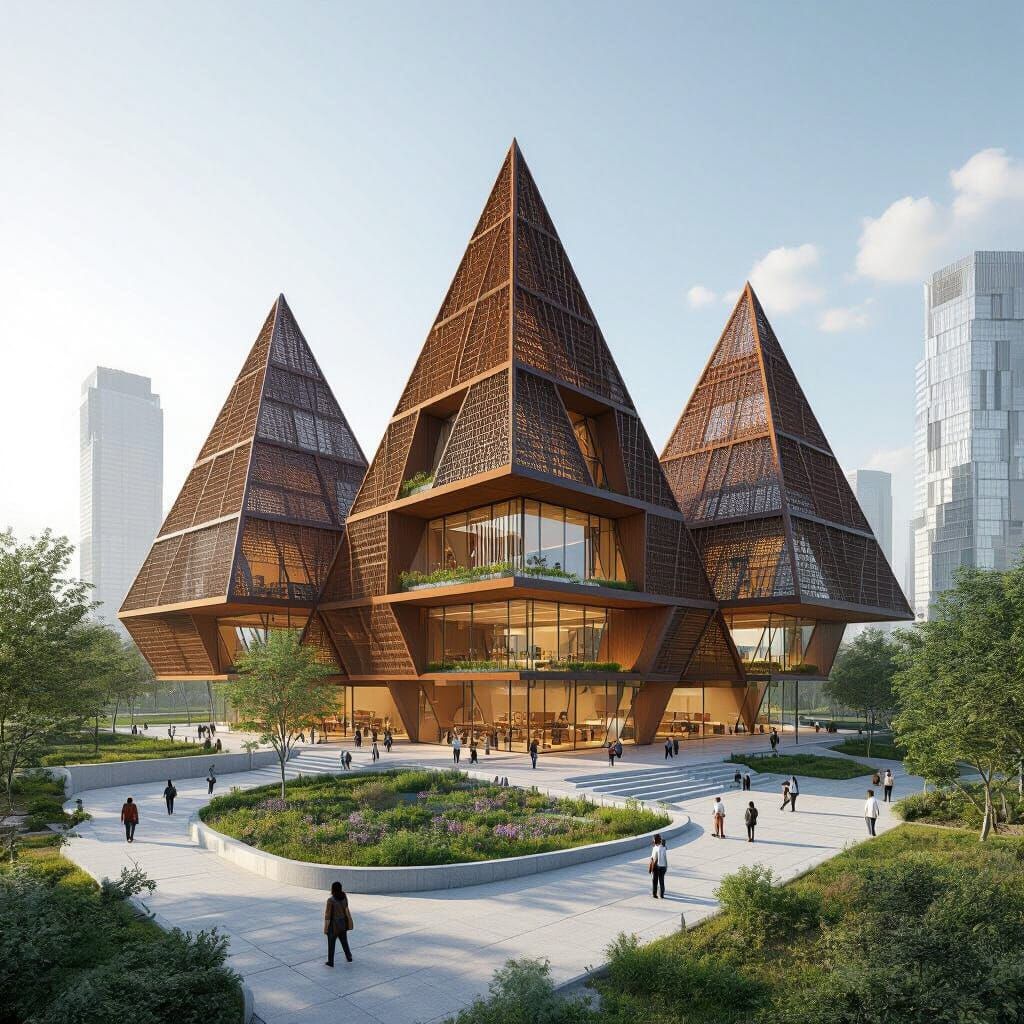 Futuristic 3D School Design with Intersecting Pyramids