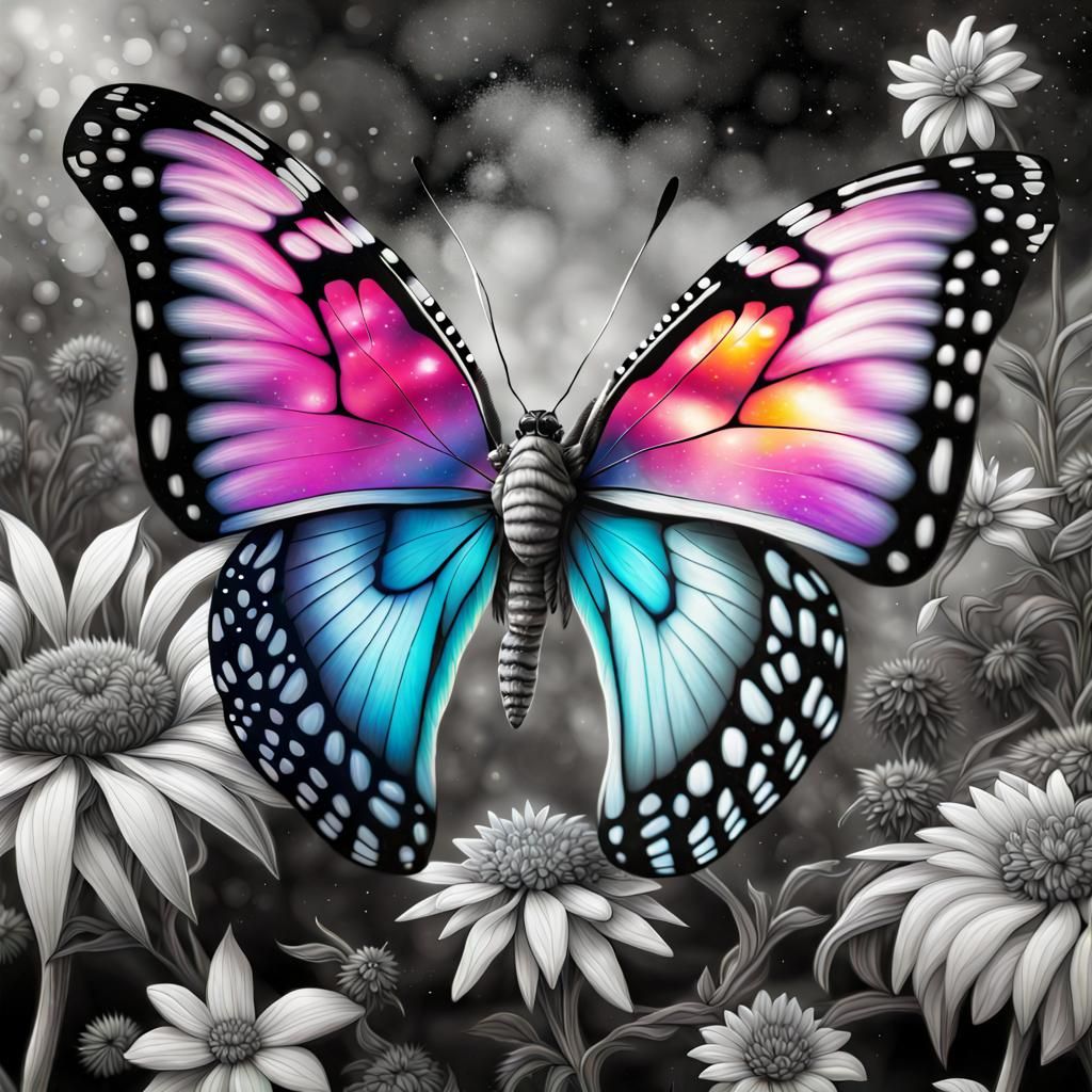 Colorful Butterfly in Greyscale Garden, Airbrush Art