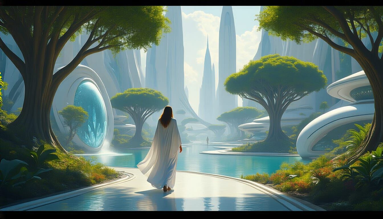 Utopian Frutiger Aerodynamic Cityscape with Serene Woman