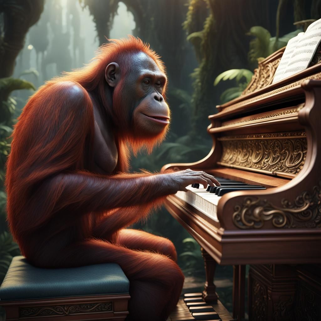 Orangutan Plays Piano: Detailed Matte Painting