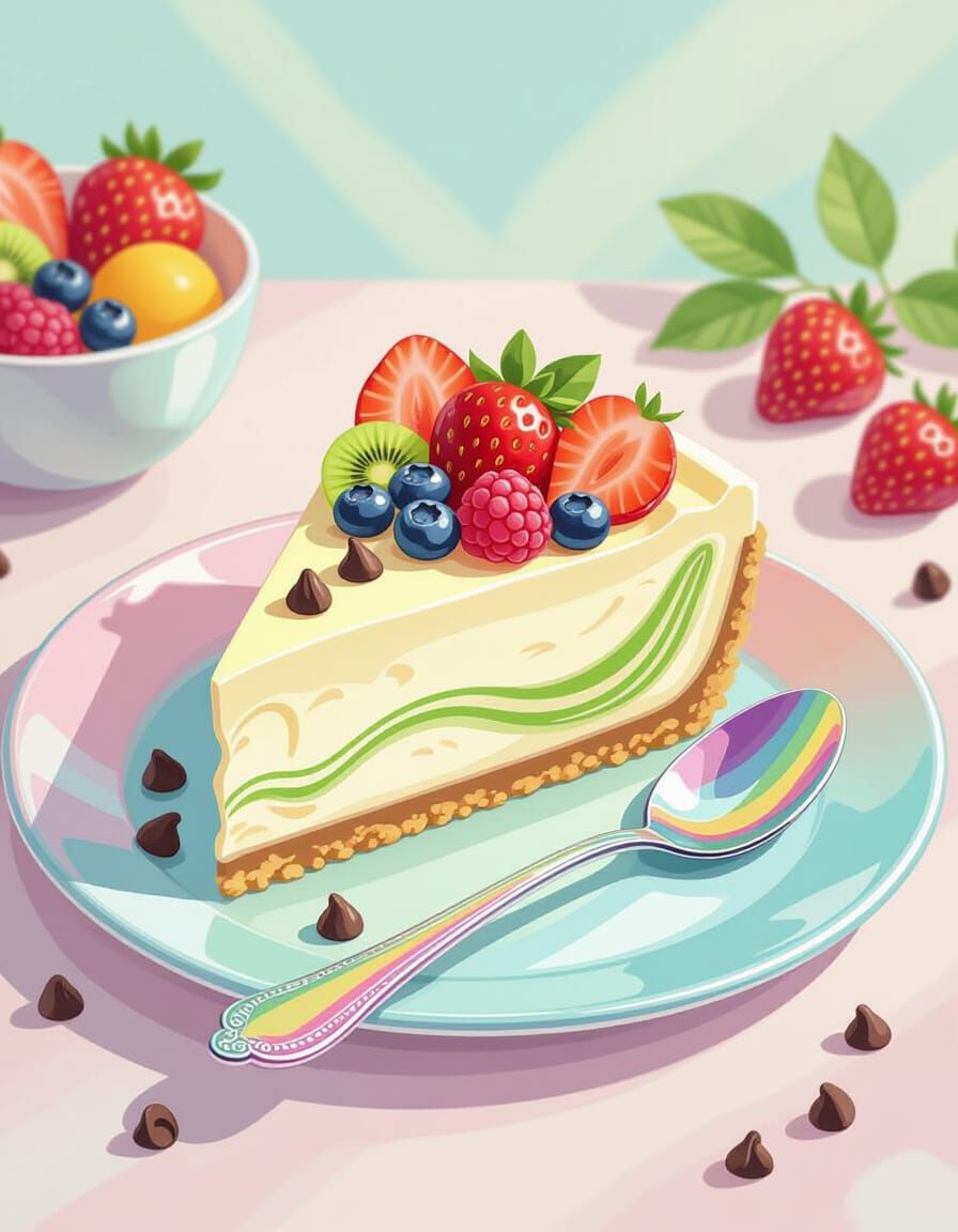 Rainbow Matcha Cheesecake Slice in Watercolor Style