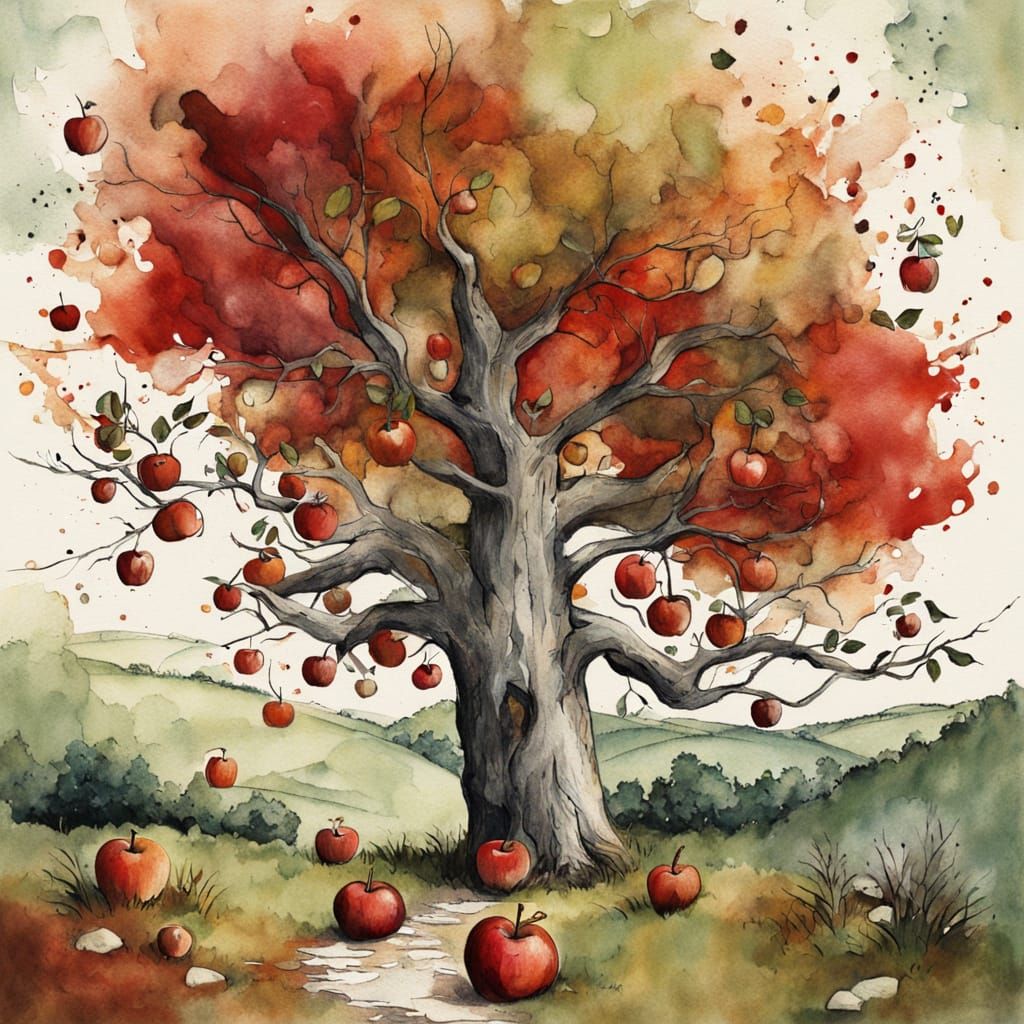Vibrant Ink Watercolour Of Apple Tree By Drystone Wall