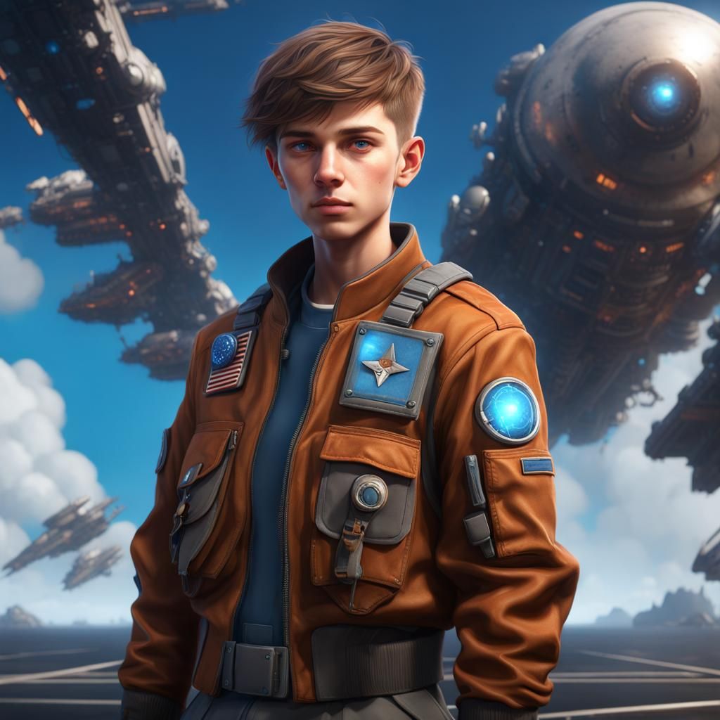 boy 16 years, space lieutenant, bomber jacket, pale, brown hair, sky blue eyes, short hair, relaxed, helpful, second in ...