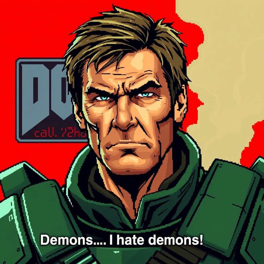 Pixelated Doom Marine in Classic Red Armor with Indiana Jone...