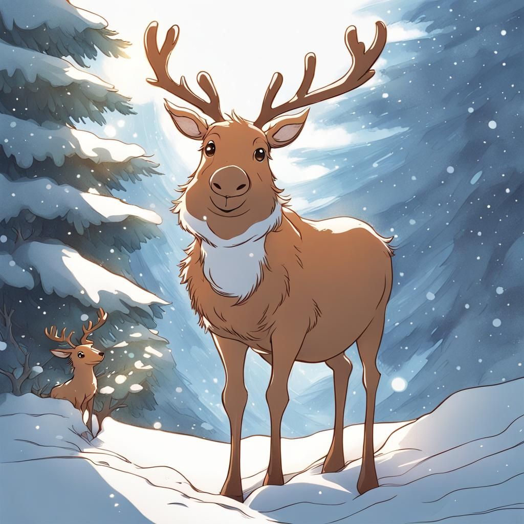 Cute Christmas Reindeer Line Drawing: Ghibli-Inspired Anime