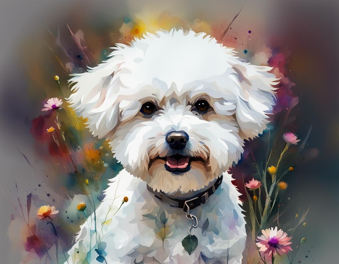 Watercolor Bichon Frise Dog with Wildflowers