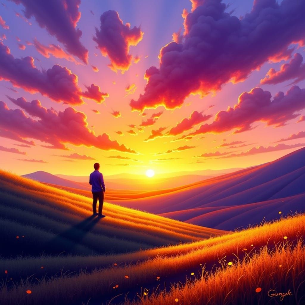 Impressionistic Sunset Over Rolling Hills