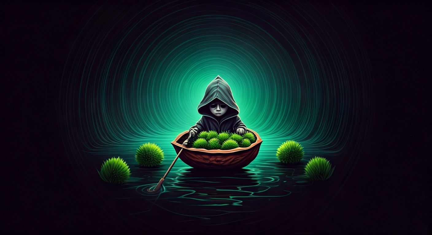 Psychedelic Stoner Art: Hooded Figure Navigates Post-Apocaly...