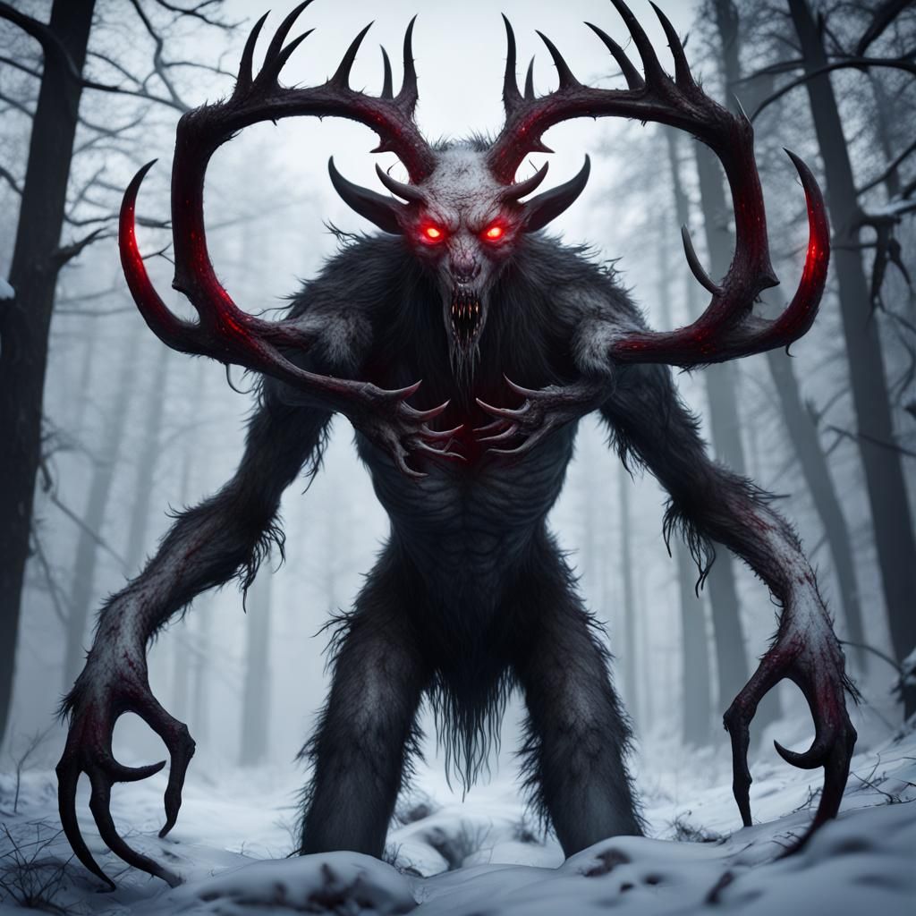Terrifying Four-Armed Wendigo in Winter Forest