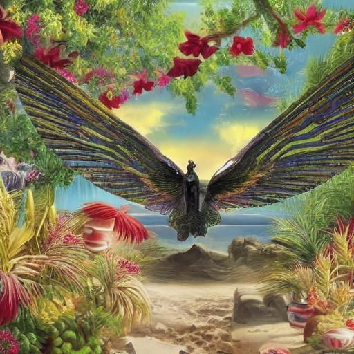 Winged Sphinx on Beach in Naive Oil Painting