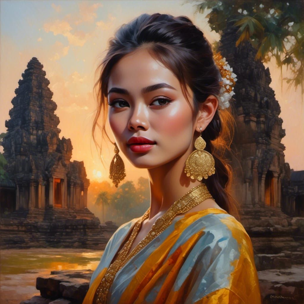 Cambodian Woman at Sunrise: Angkor Wat Oil Painting