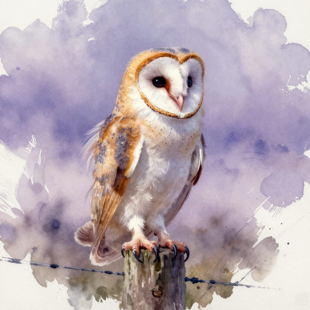 Barn Owl Fledgling in Dusky Lavender Sky