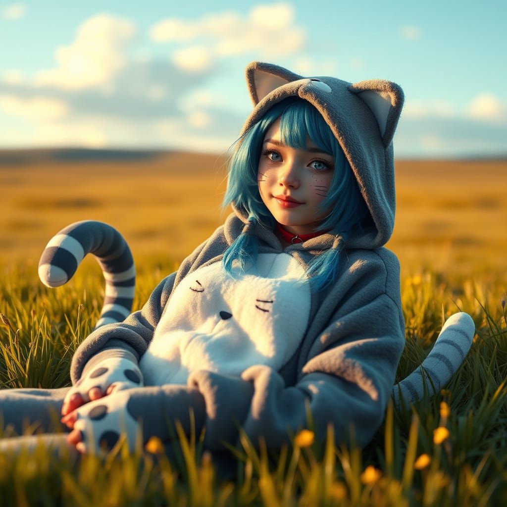 Serene Summer Tundra Scene with a Charming Feline Girl