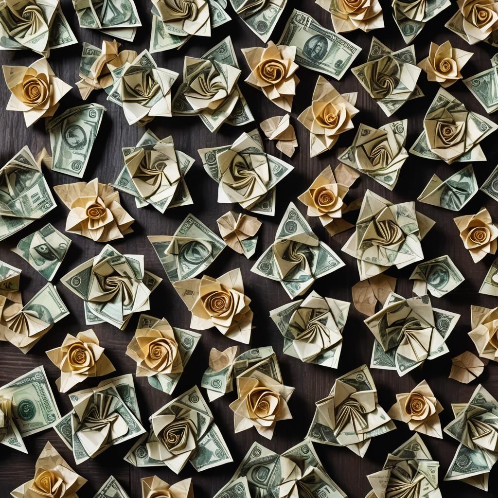 Money Origami Flowers on Dark Wood Table