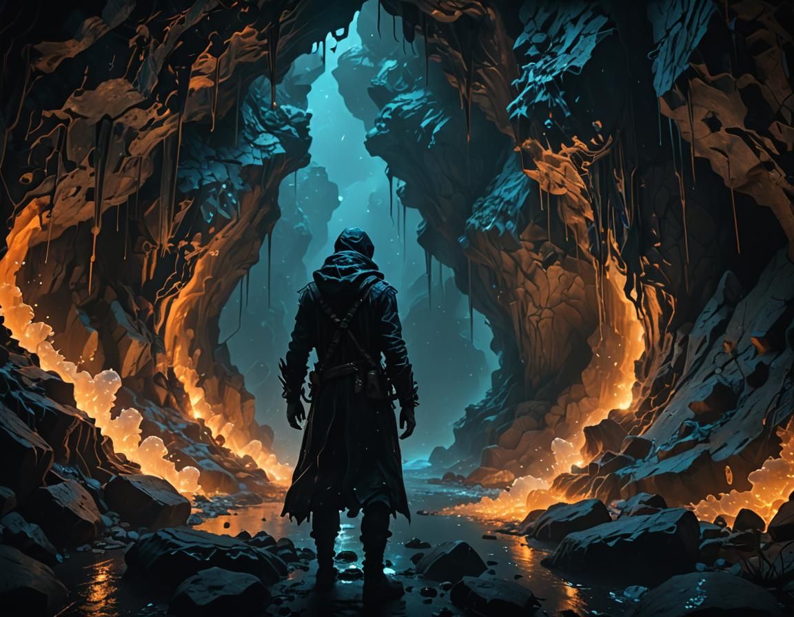 Mysterious Wanderer in Bioluminescent Cave, Dark Surrealism