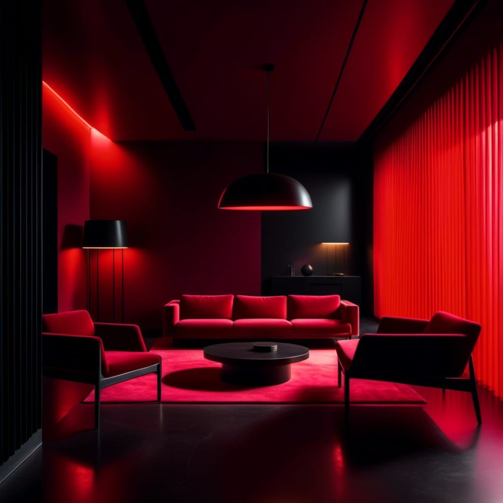 Brutalist Interior with Red Lighting and Dark Furniture