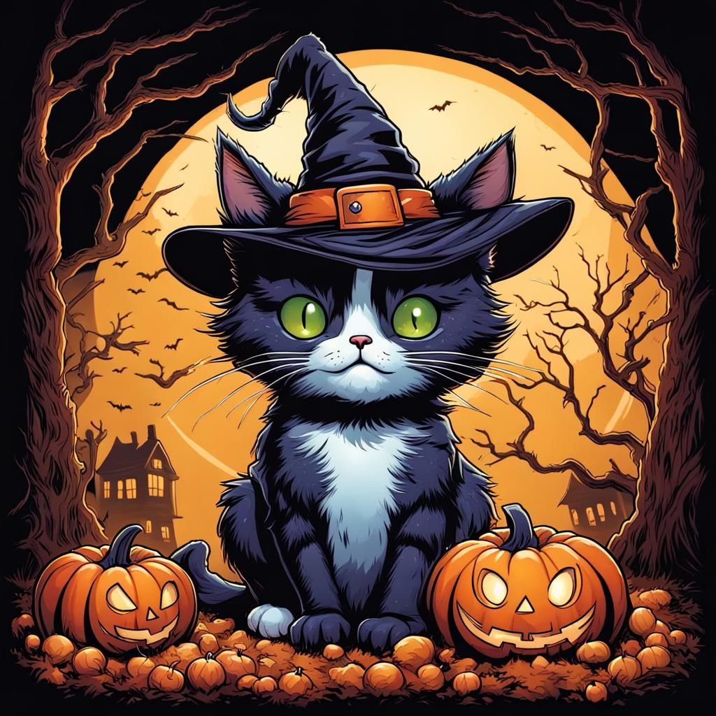Cute Halloween Cat in Comic Book Art Style