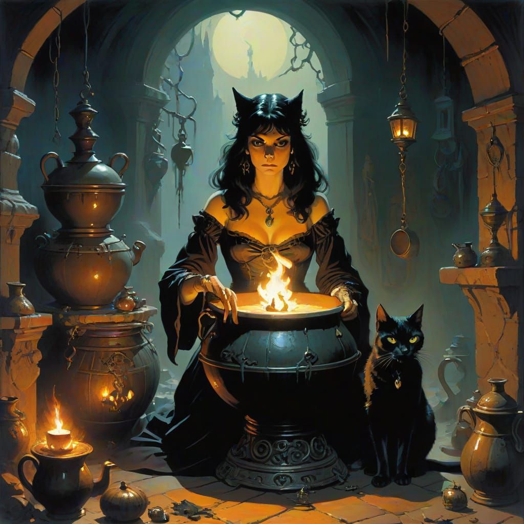 Dark Fantasy Witch and Cat by Mystical Cauldron