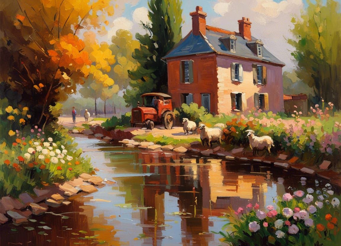 Idyllic Farmhouse Scene in Impressionistic Style