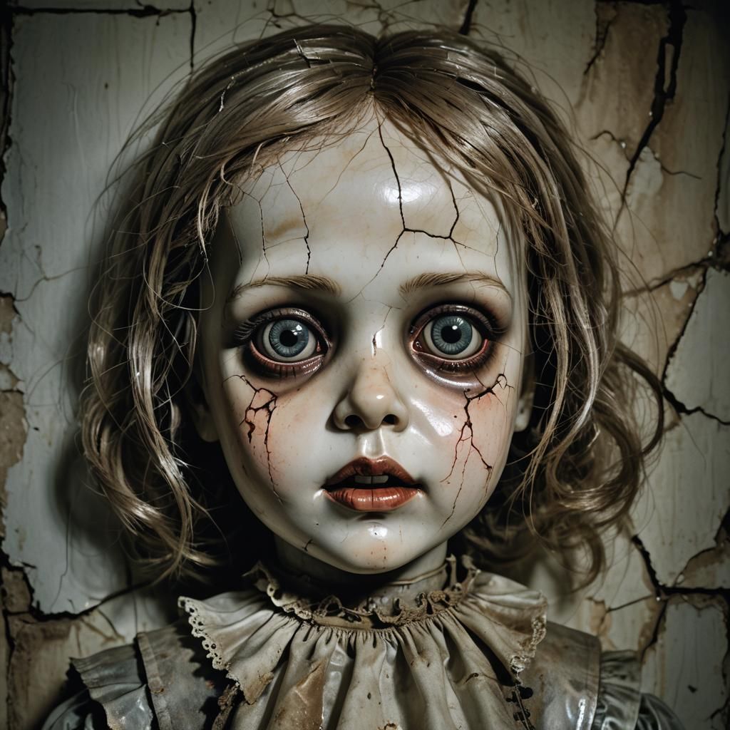 Surreal Horror: Cracked Porcelain Doll in Abandoned Room