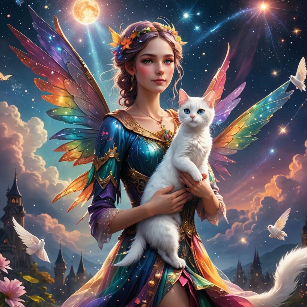 Fairy and Cat Fly Through Starry Sky