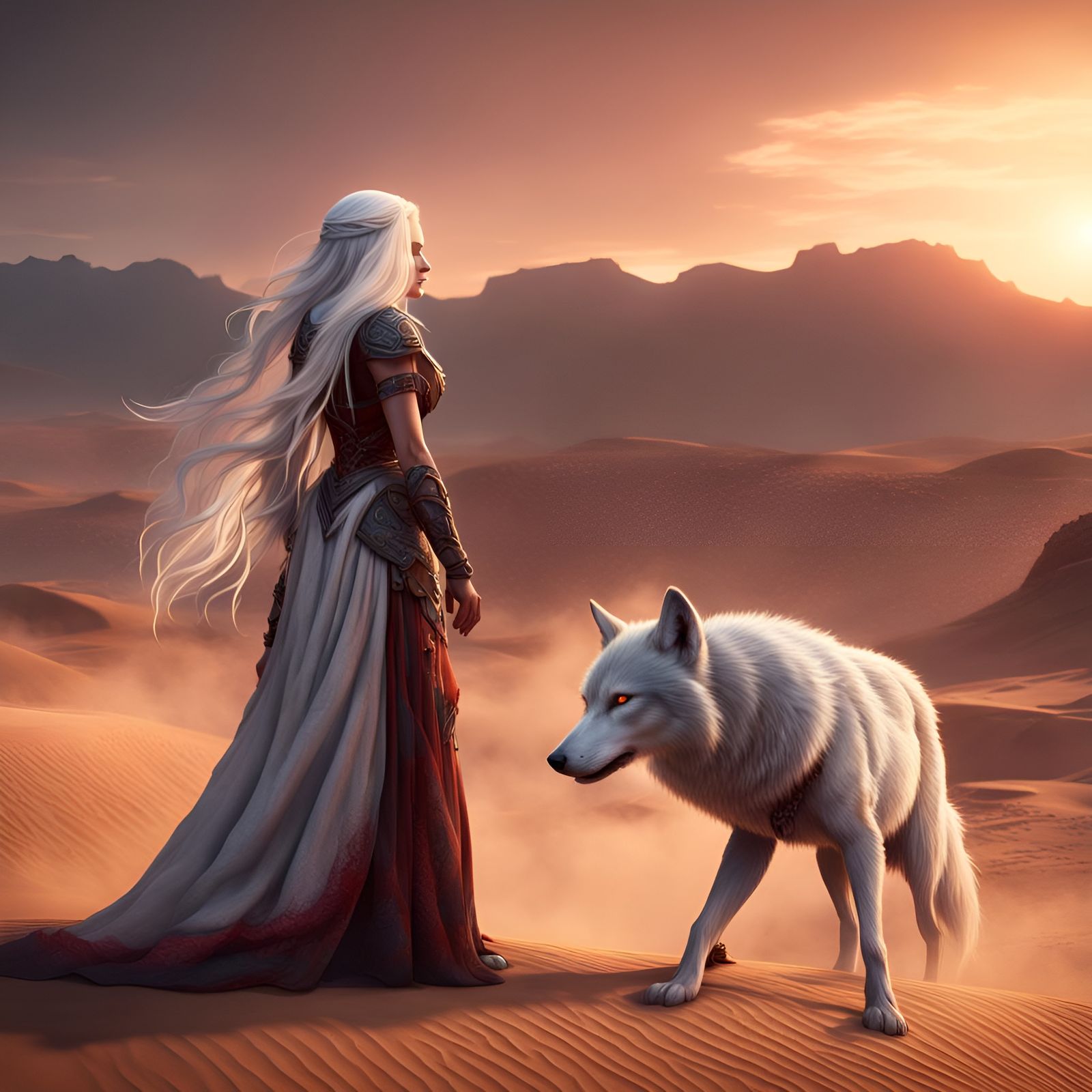 Wolf and Woman in Desert Sunset: Fantasy Art