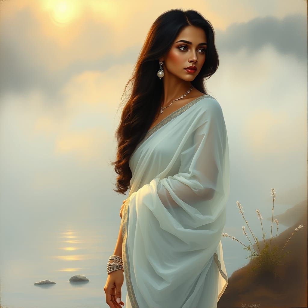 A young woman with flowing black hair stands at the edge of ...