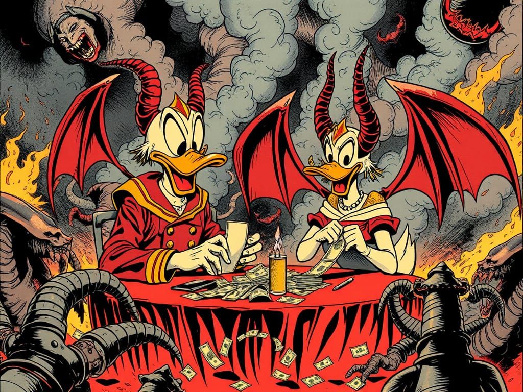 1910s Comic Cover: Toxic & Linda Ducks Counting Money in Hel...