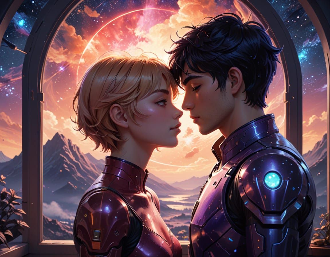 Tender Moment in Space, Anime-Inspired Digital Art