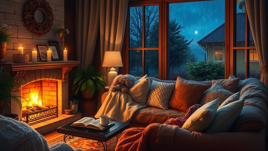 Cozy Living Room with Fireplace as Impasto Painting