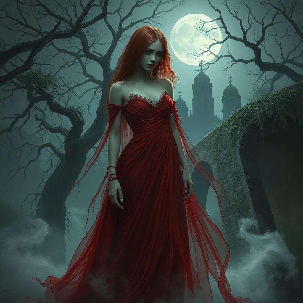 Ethereal Ghost Woman in Red Gown, Surrealist Matte Painting